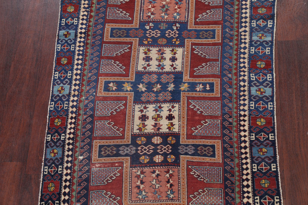 Consigned, Antique Russian Oriental Traditional Hand-Knotted Area Rug, Blue, 3x4