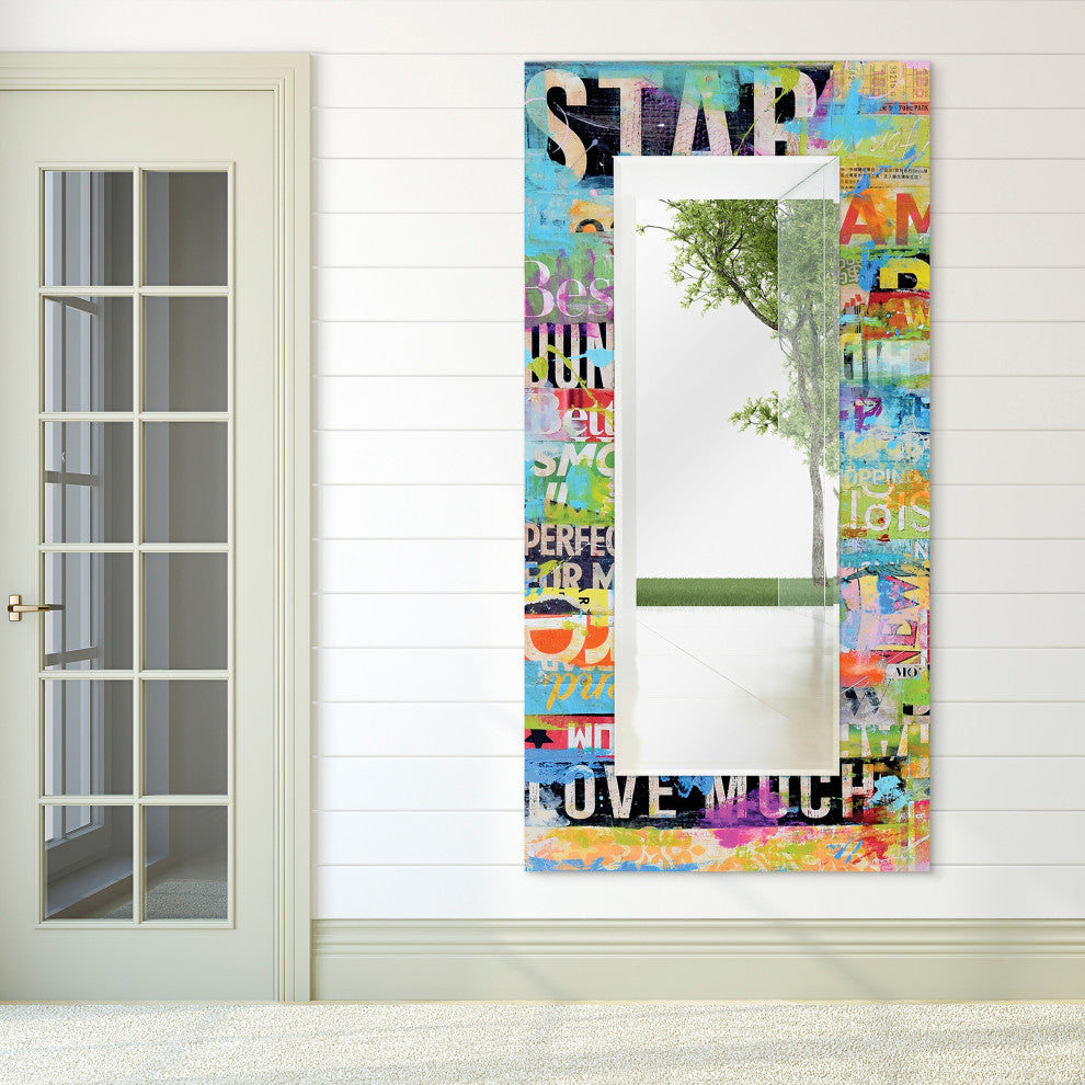 Metro Mix Rectangular Beveled Mirror on Free Floating Printed Tempered Art Glass