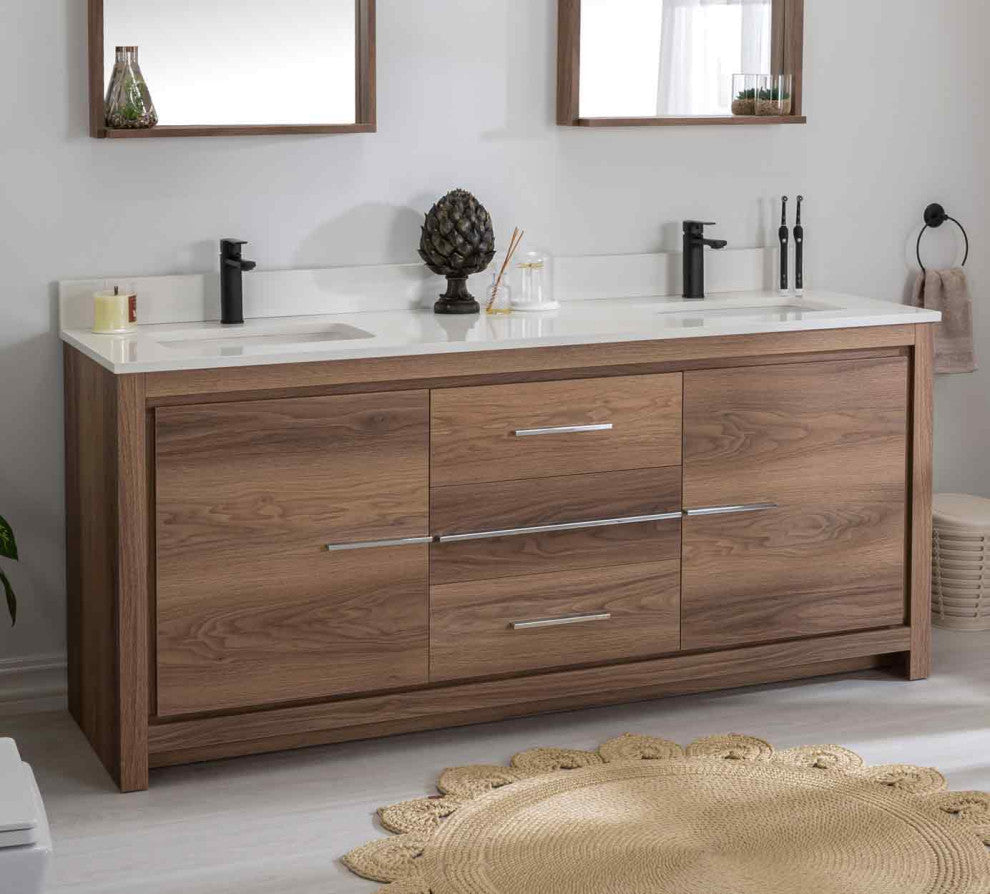 Mila Collection 72" Bathroom Vanity With Sink, Mirror, Countertop, Walnut Brown