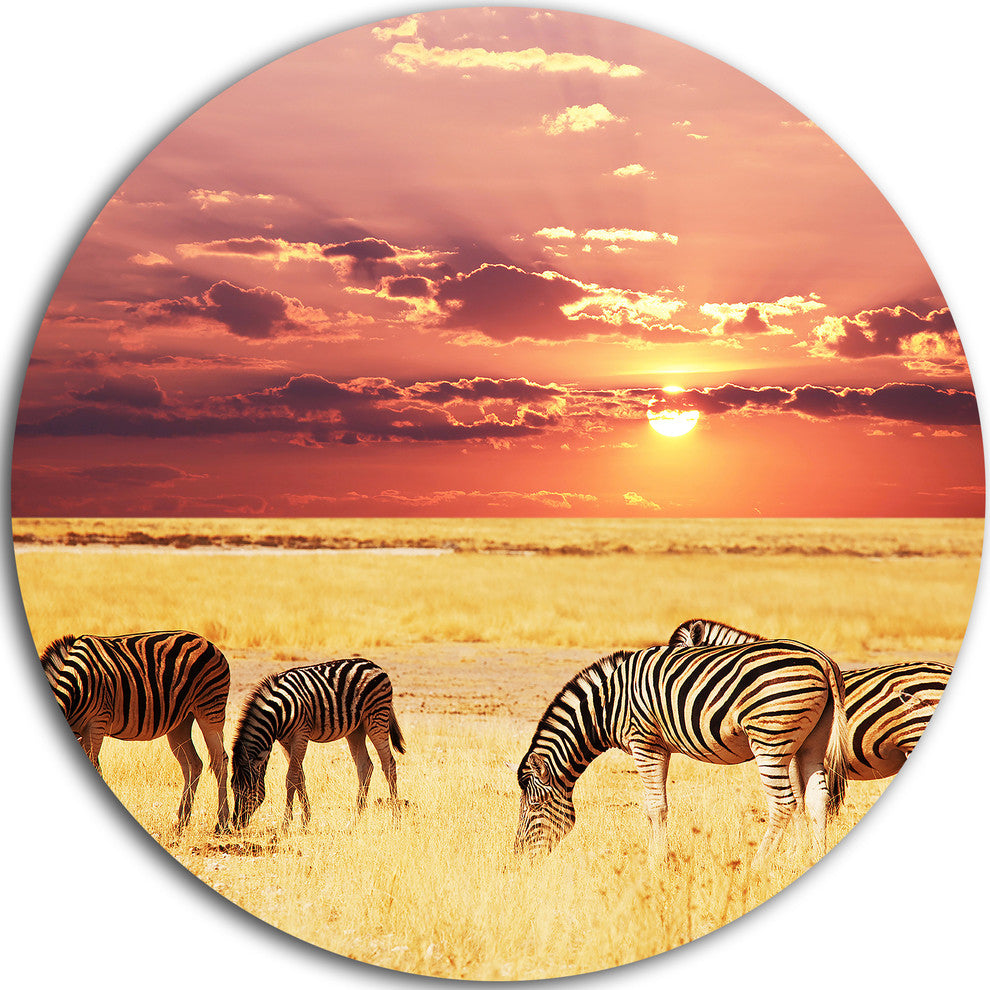 Zebras Grazing Together At Sunset, Landscape Round Wall Art, 23"