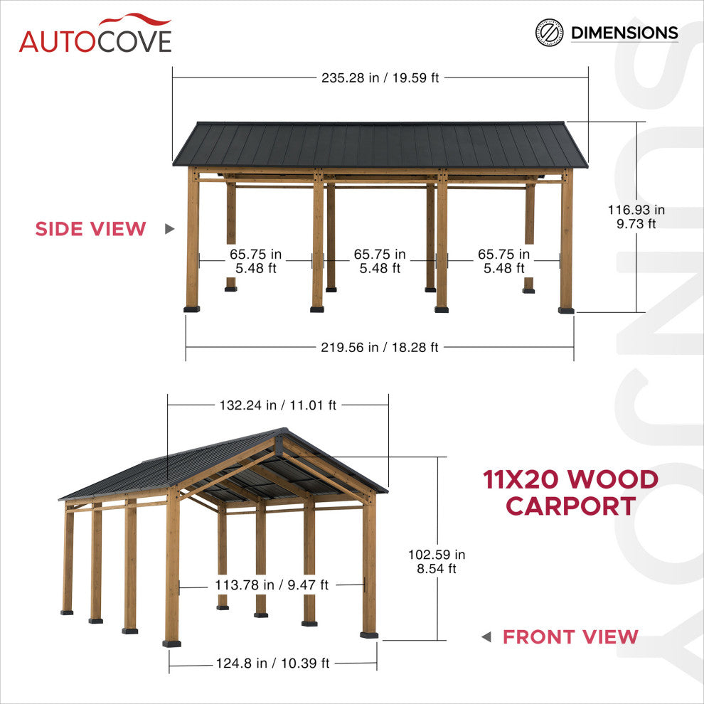Sunjoy 20''x11'' Wood Carport, Outdoor Living Pavilion, Gazebo