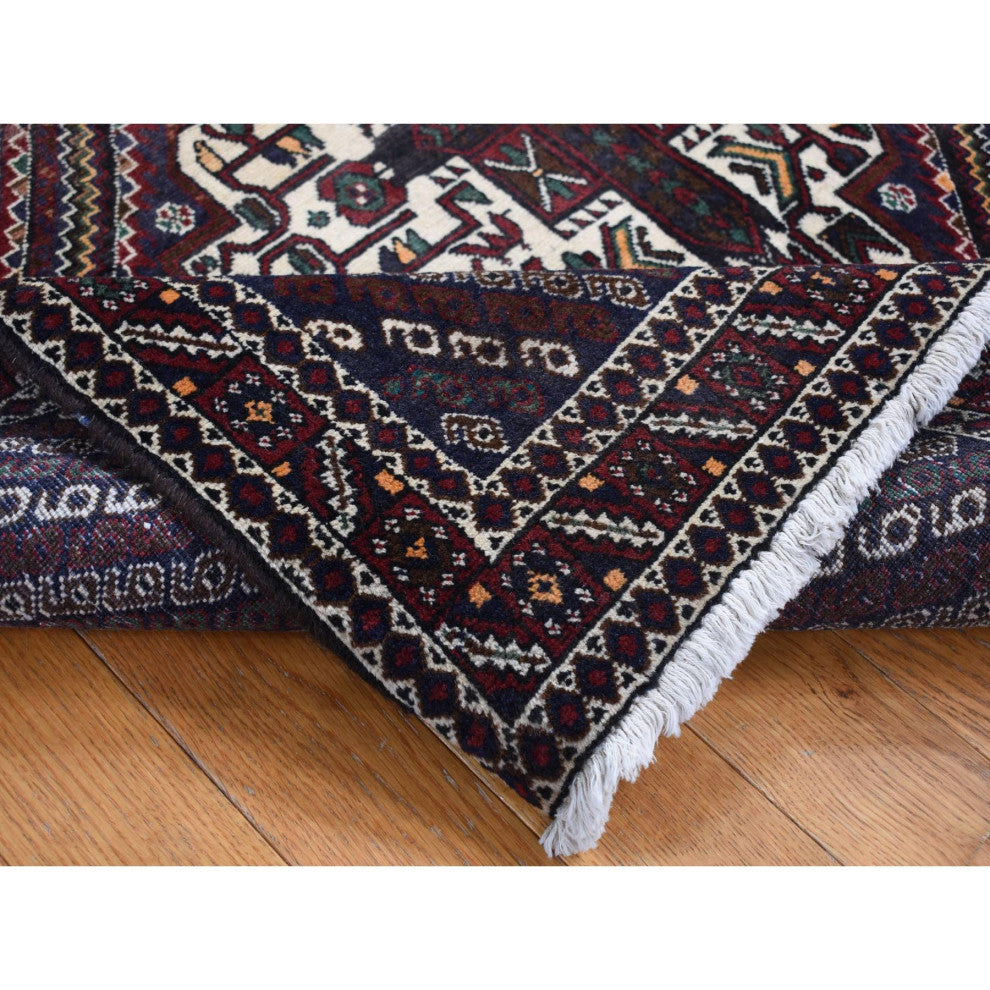 Blue Vintage Persian Shiraz Design Pure Wool Hand Knotted Rug 4'1" x 5'9"