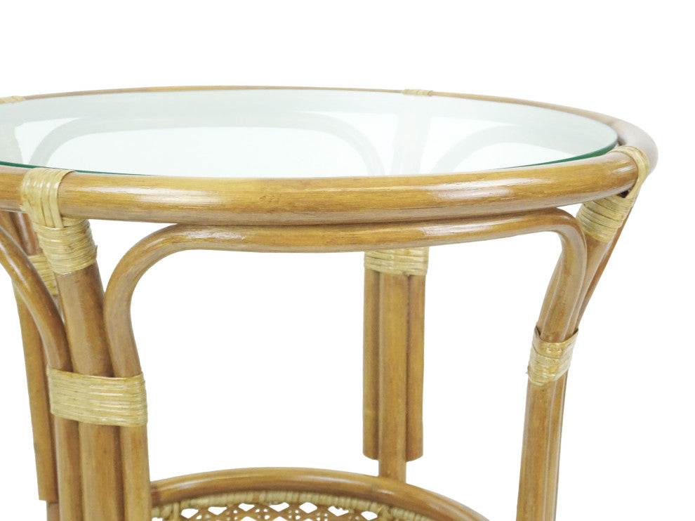 Pelangi Round Rattan Wicker Coffee Table With Glass, Natural