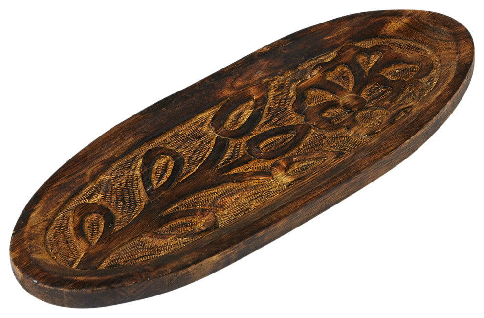 Boho Decorative Wood Tray with Carved Floral Design, Natural