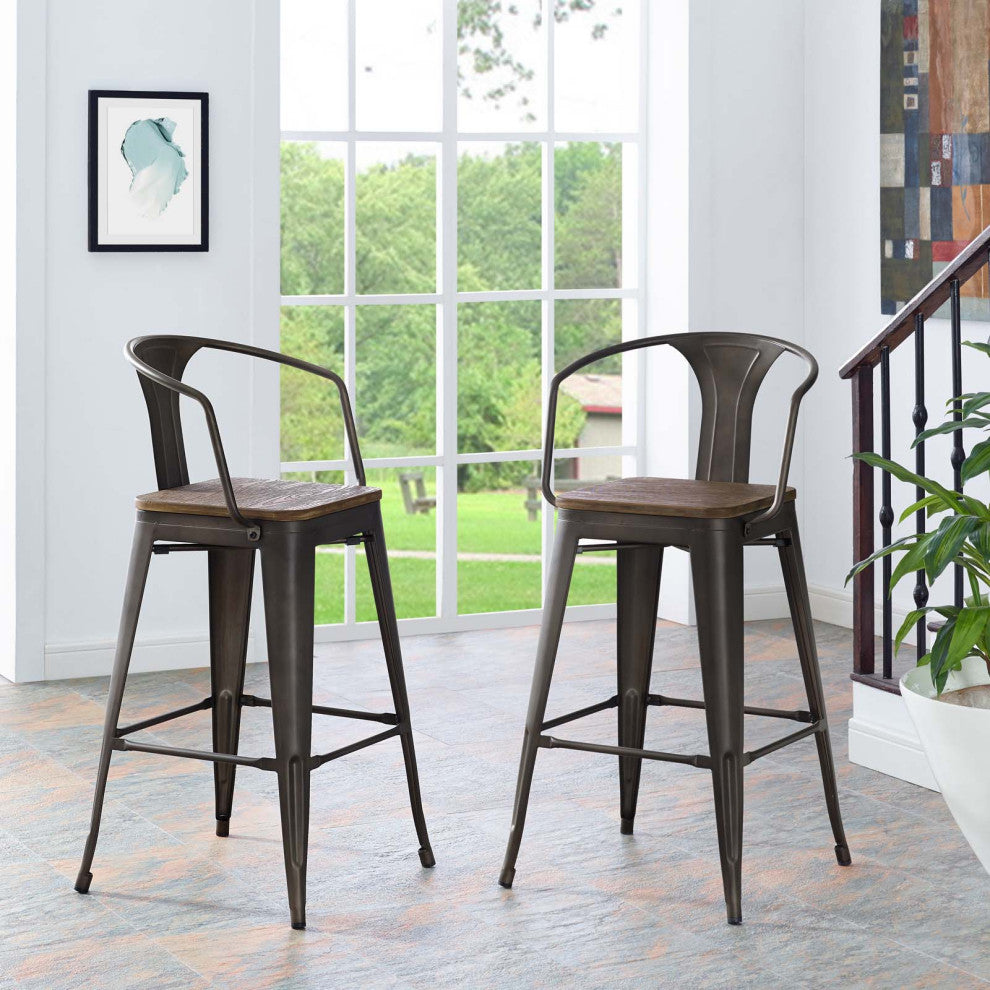 Bar Stool Chair Barstool, Set of 2, Wood, Metal, Brown, Modern, Bar Pub Bistro
