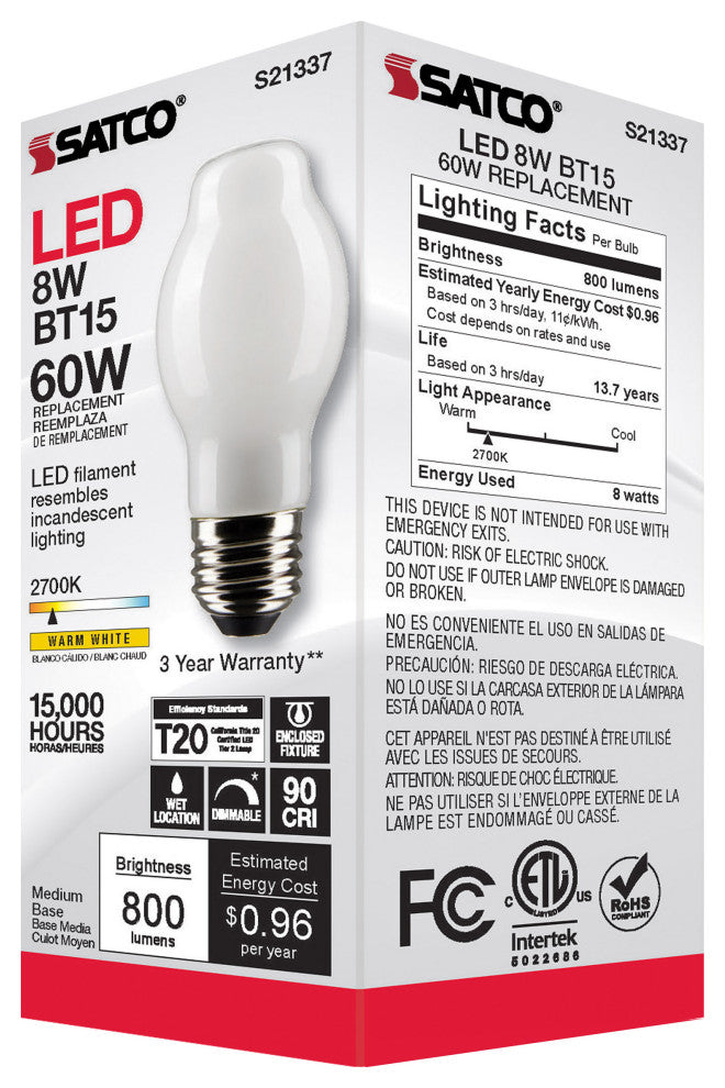 8W BT15 LED, White, Medium Base, 90 CRI, 2700K, 120V