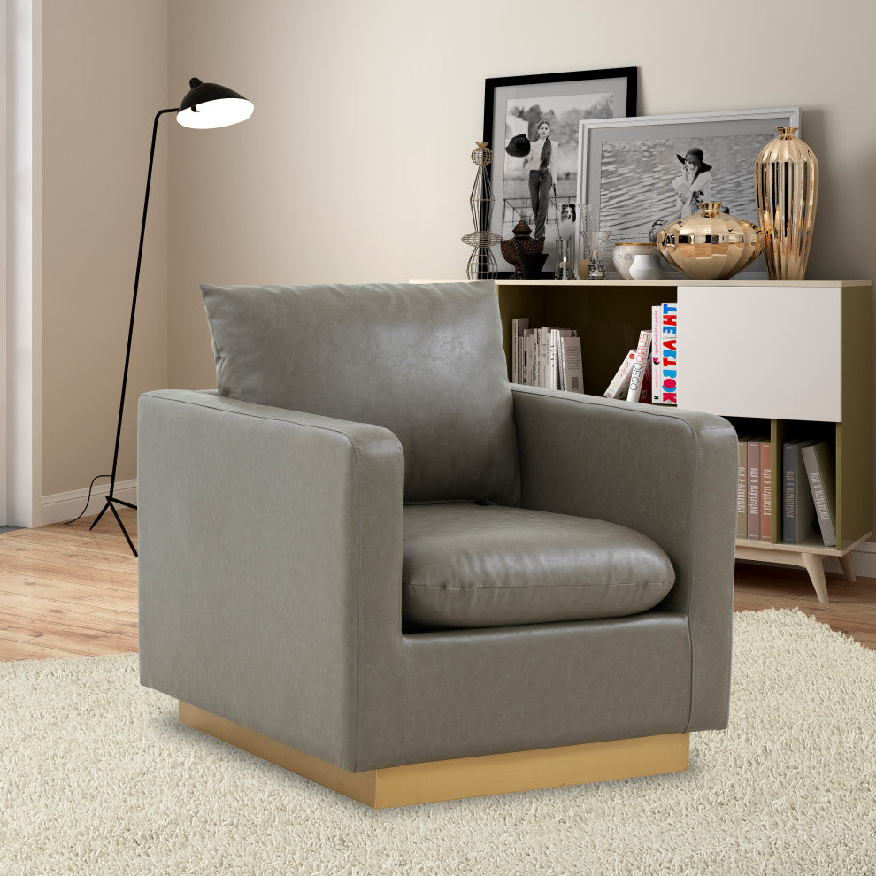 LeisureMod Nervo Modern Leather Accent Arm Chair With Gold Base, Gray