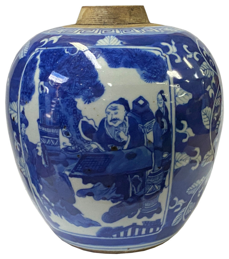 Oriental Handpainted People Theme Small Blue White Porcelain Ginger Jar Hws2313