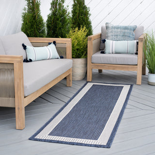 Elgin Transitional Striped Border Navy/Cream Indoor/Outdoor Runner Rug, 2'x7'