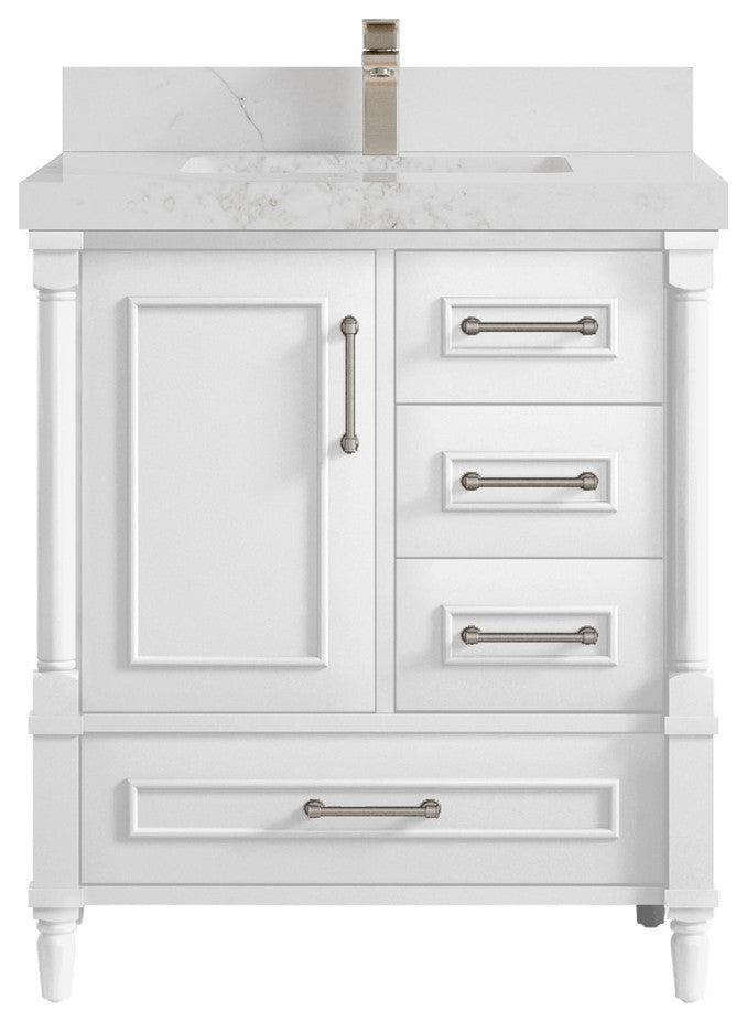 Aberdeen 30 Single Sink Bath Vanity in White 2" Calacatta Nuvo