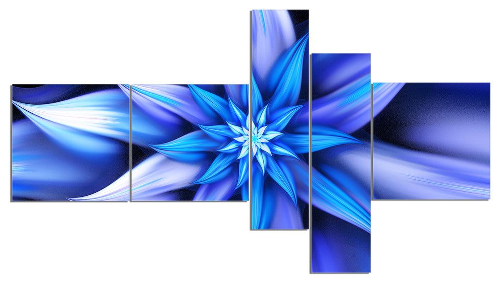 Dancing Blue Flower Petals, Floral Canvas Art Print, 60"x32", 5 panels