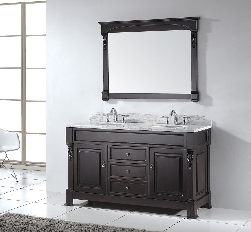 Virtu Huntshire 60" Double Bathroom Vanity, Dark Walnut With Faucet and Mirror