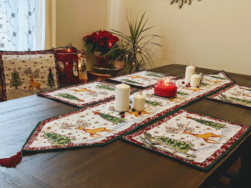 Winter Forest Reindeer Vintage Woven Tapestry Table Runners 13x53, 13x90