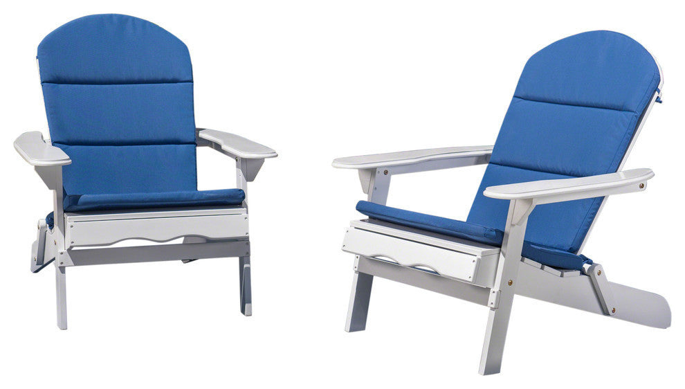Outdoor Acacia Wood Folding Adirondack Chairs With Cushions, Set of 2, White/Navy Blue
