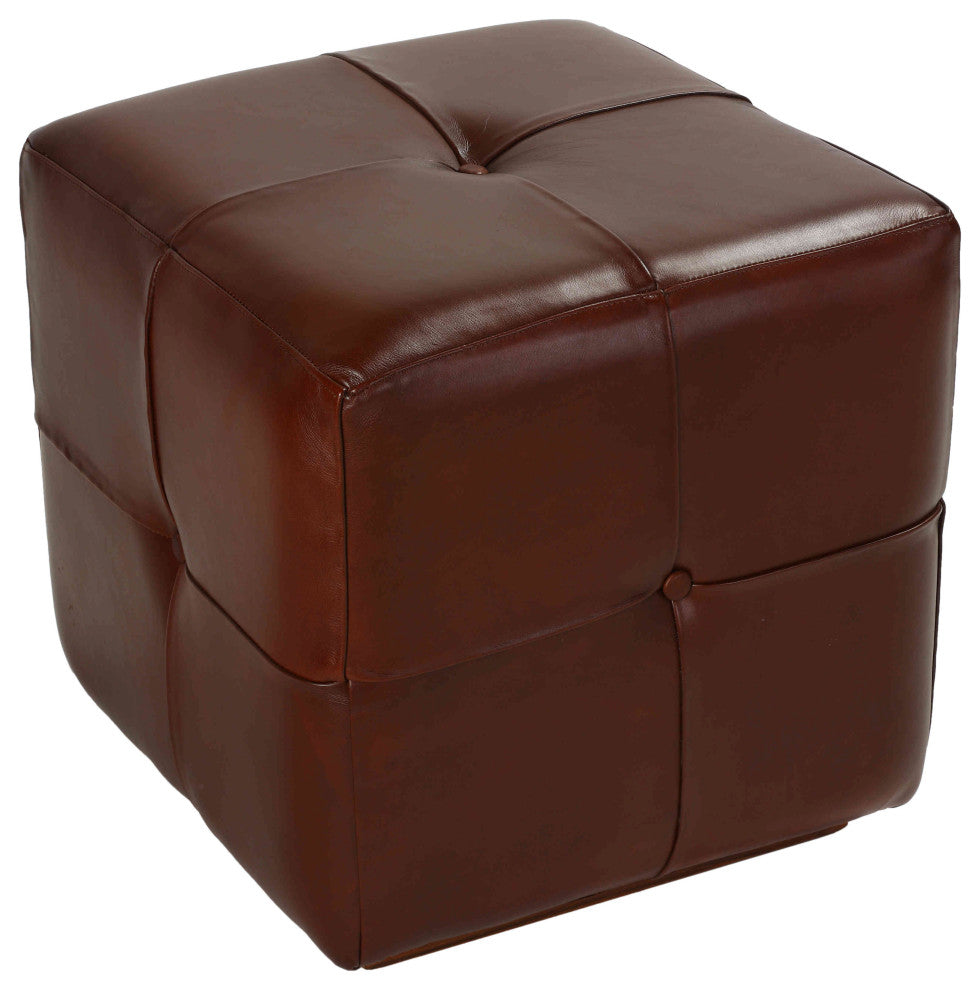 Bare Decor Chesterfield Square Ottoman, Genuine 100% Leather, Brown