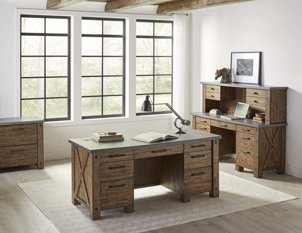 Rustic Home Office Desk, Office Table, Credenza, Fully Assembled, Brown