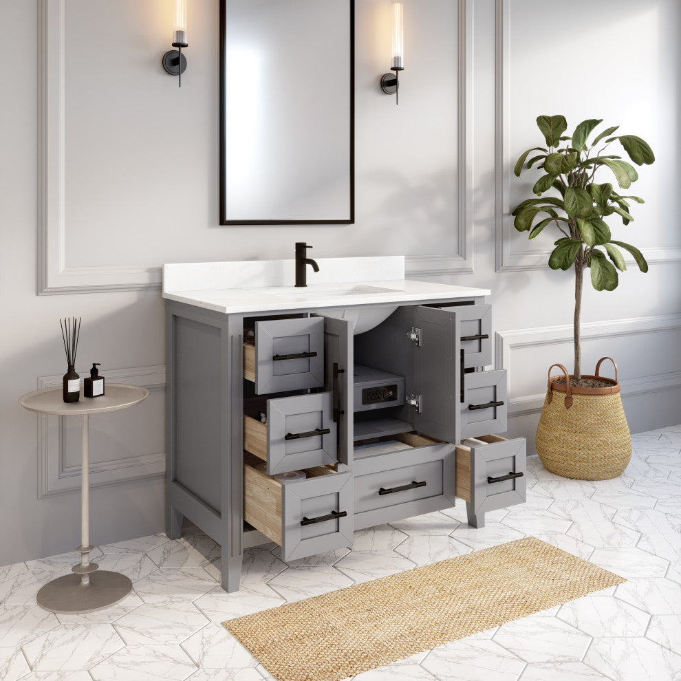 Houston 42" Single Vanity With Power Bar and Drawer Organizer, Oxford Gray