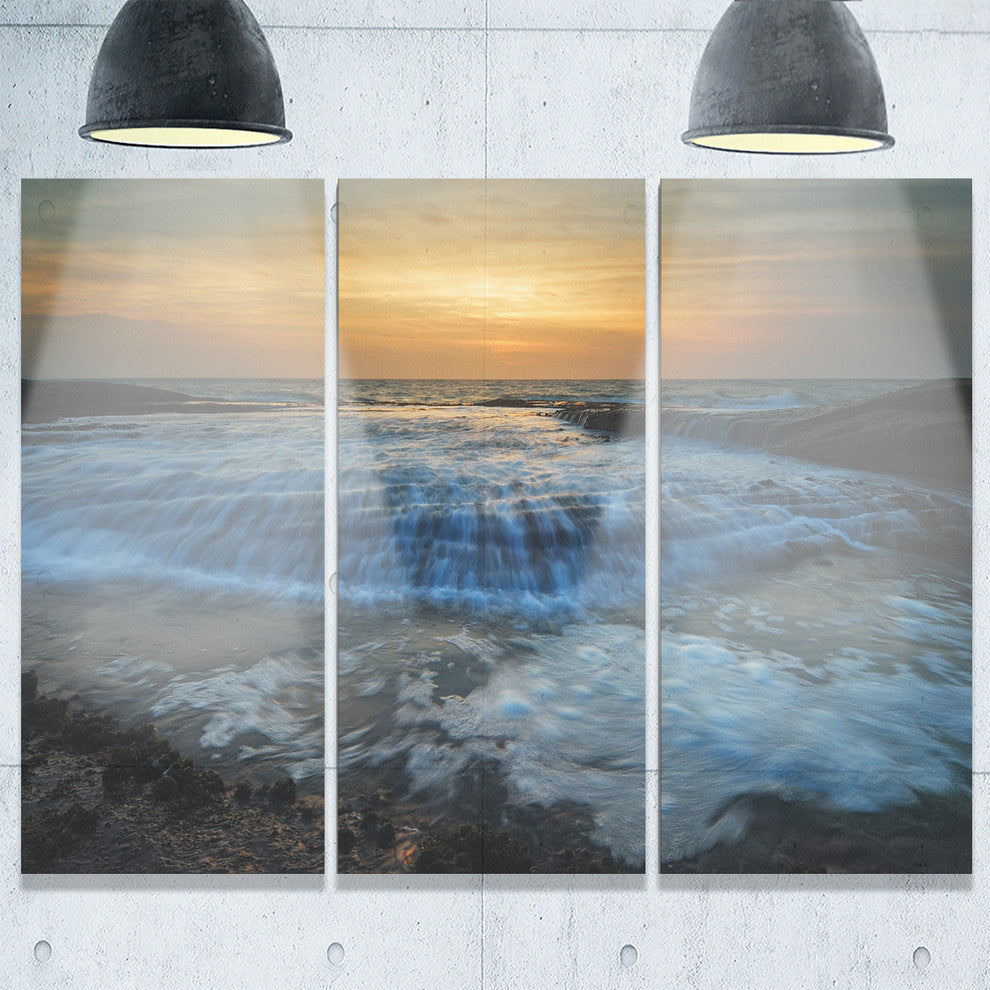 "Beach With Rushing White Waves" Beach Metal Wall Art, 3 Panels, 36"x28"