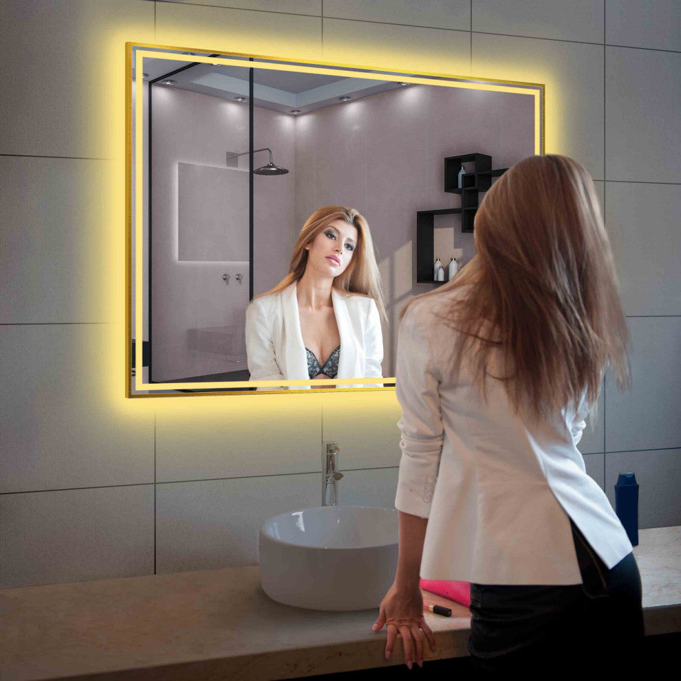 Fogless, Dimmable, Color Temperature Adjustable LED Mirror, Brush Gold, 48x36