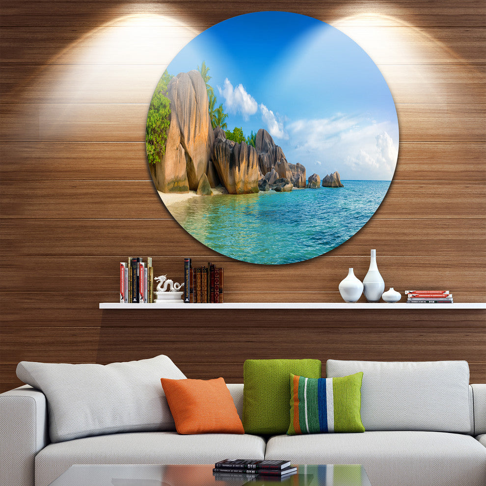 Fantastic Seychelles Seashore, Seascape Round Metal Wall Art, 23"