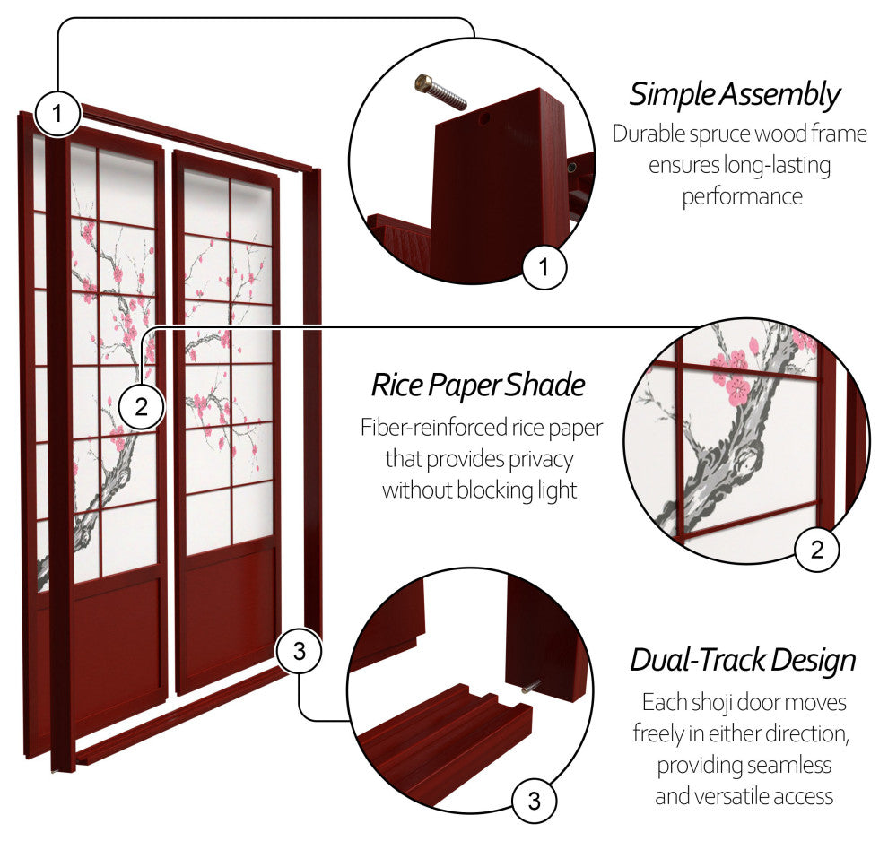 7'' Tall Cherry Blossom Shoji Sliding Door Kit, Rosewood