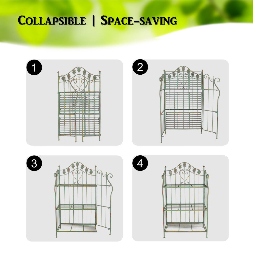 41" Folding Metal Shelf, Baker's Rack With Scrolling Heart and Peacock Tail Mot