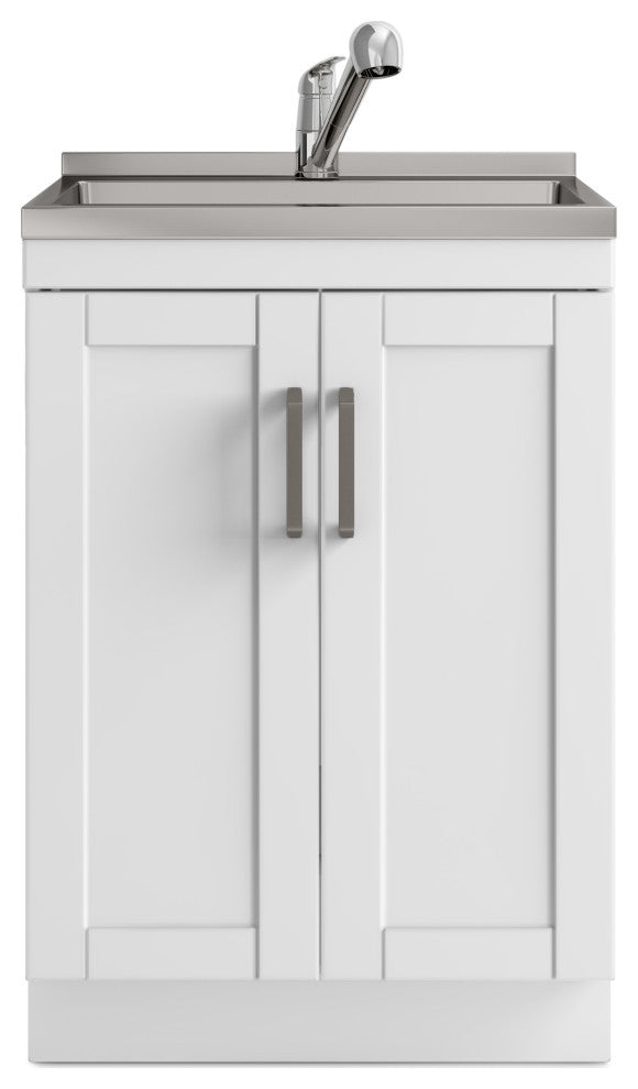 Kyle 24" Laundry Cabinet With Faucet and Stainless Steel Sink, White, 24"
