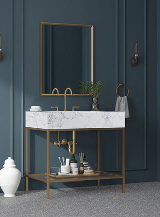 Marmo Bathroom Vanity, White, 36" Wide, Brushed Brass Finish