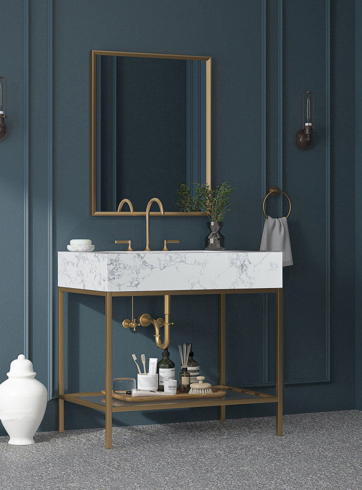 Marmo Bathroom Vanity, White, 36" Wide, Brushed Brass Finish