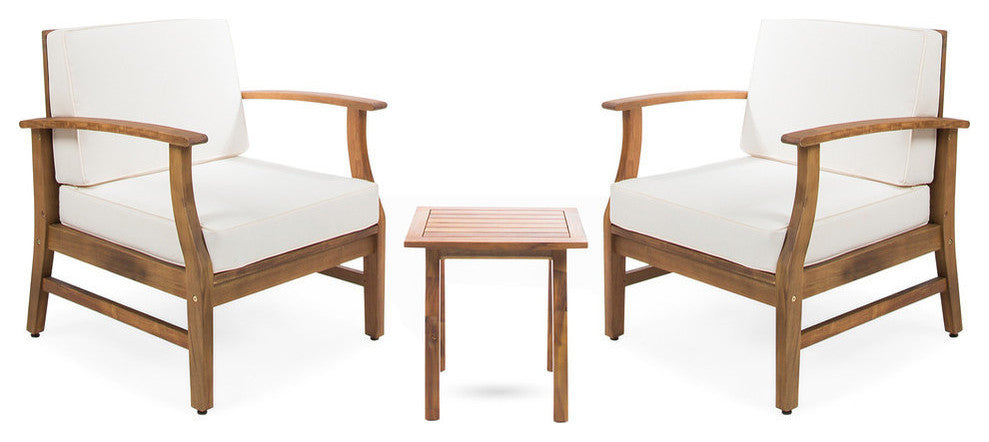 GDF Studio 3-Piece Pearl Outdoor Acacia Wood Chat Set With Cushions, Cream