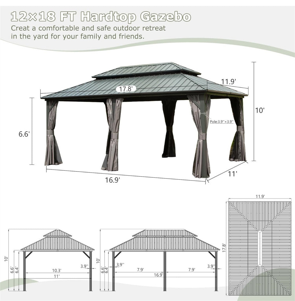 Hardtop Gazebo, Aluminum Metal Gazebo with Galvanized Steel Double Roof, Gray