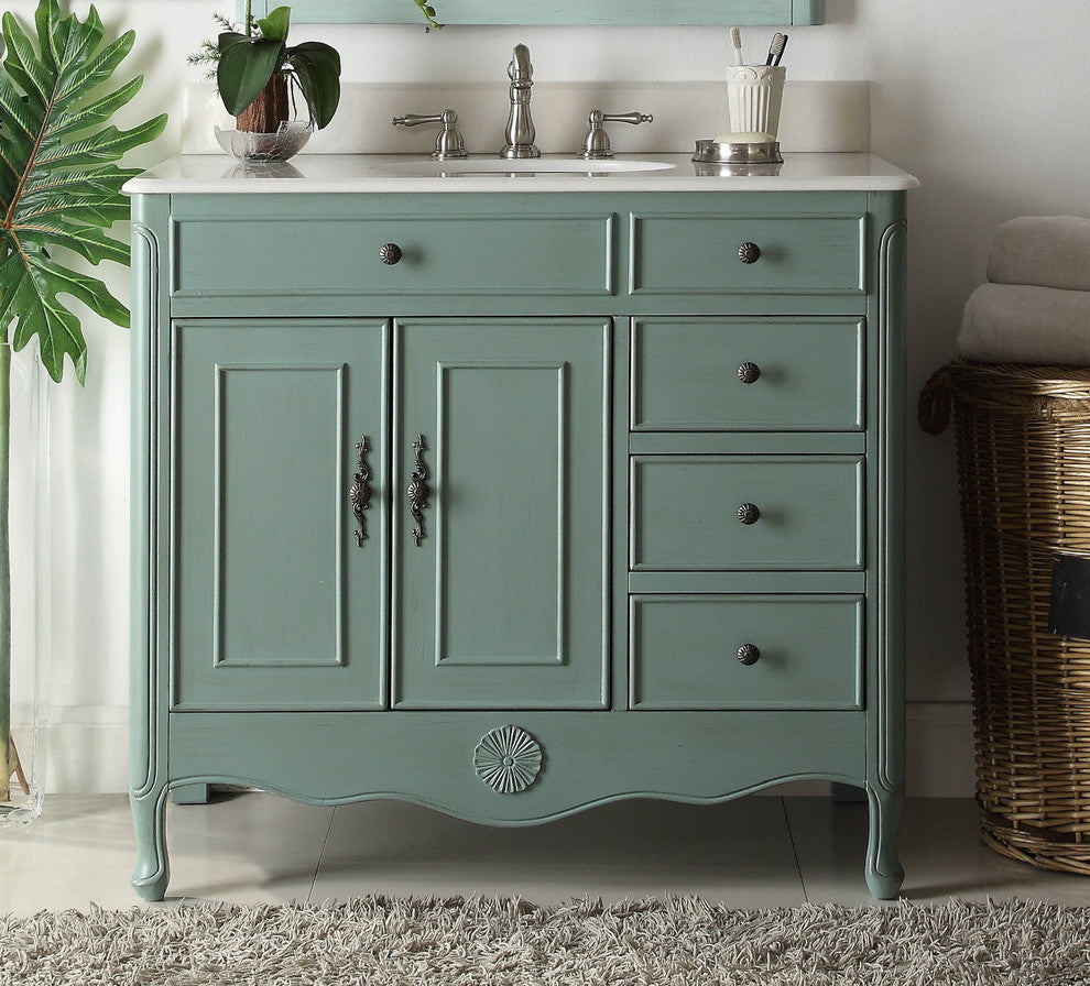 38 Inch Distressed Vintage Blue Cottage Style Daleville Bathroom Sink Vanity, No Mirror Add Faucet