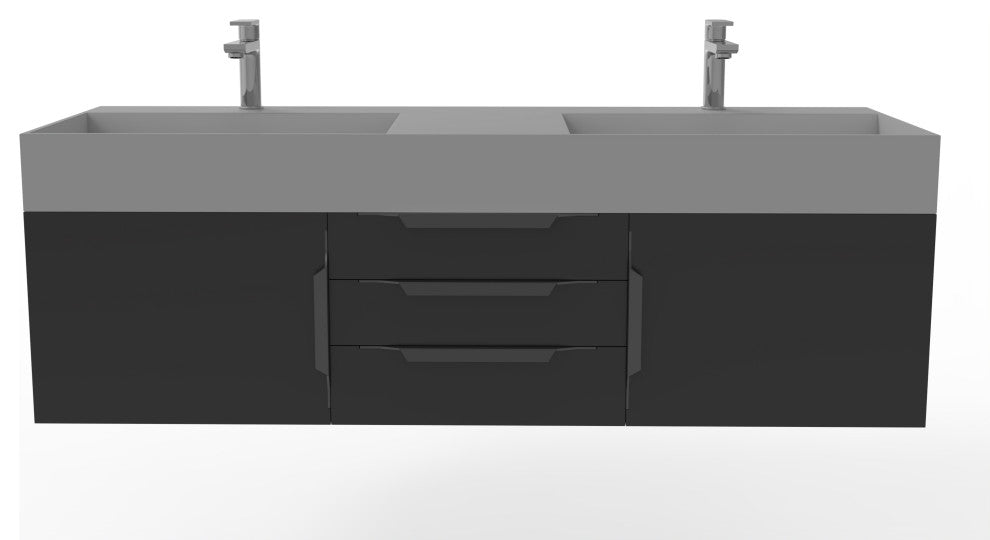 CastelloUSA Amazon 60" Wall Mounted Bathroom Vanity Set, Black, Gray Top, Black Handles