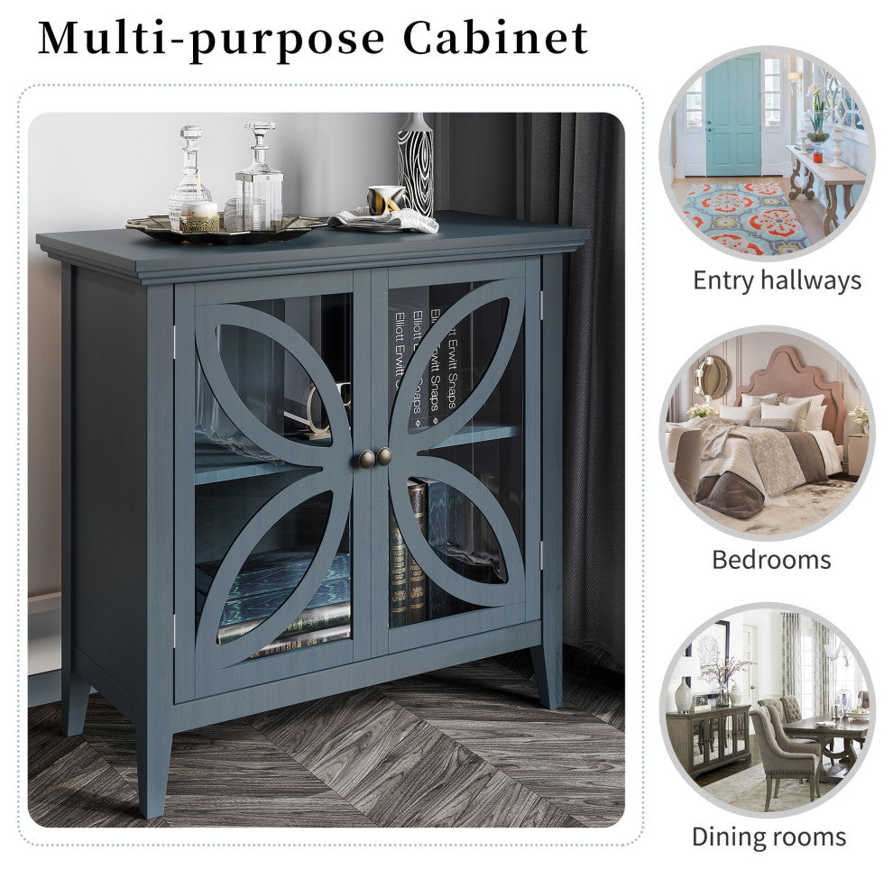 Wood Double Transparent Door Accent Cabinet with Adjustable Shelf, Navy Blue, 32