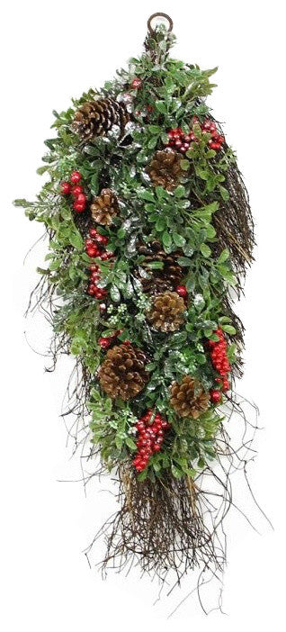 28" Glittered Artificial Boxwood Pine Cone and Red Berry Teardrop Swag