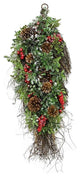 28" Glittered Artificial Boxwood Pine Cone and Red Berry Teardrop Swag