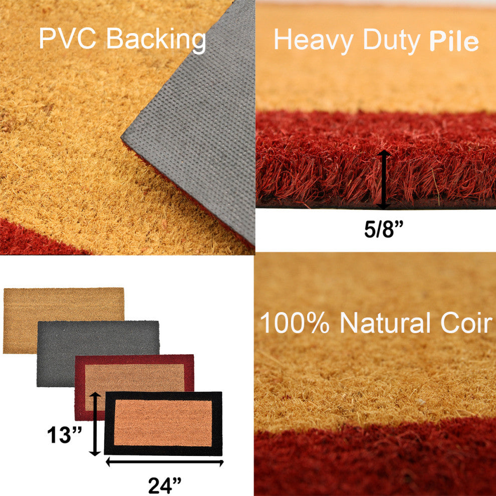 Sheltered Front Door Mat Coir Coco Fibers Rug 24x13, Natural/Red Borders