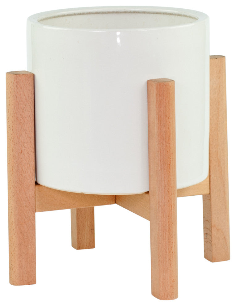 Large Ceramic Planter Cylinder Pot 10'''' White With Plant Stand Natural Color