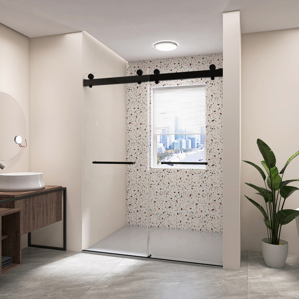 72" W x 79" H Double Sliding Frameless Shower Door, Matte Black;, 72" X 79";