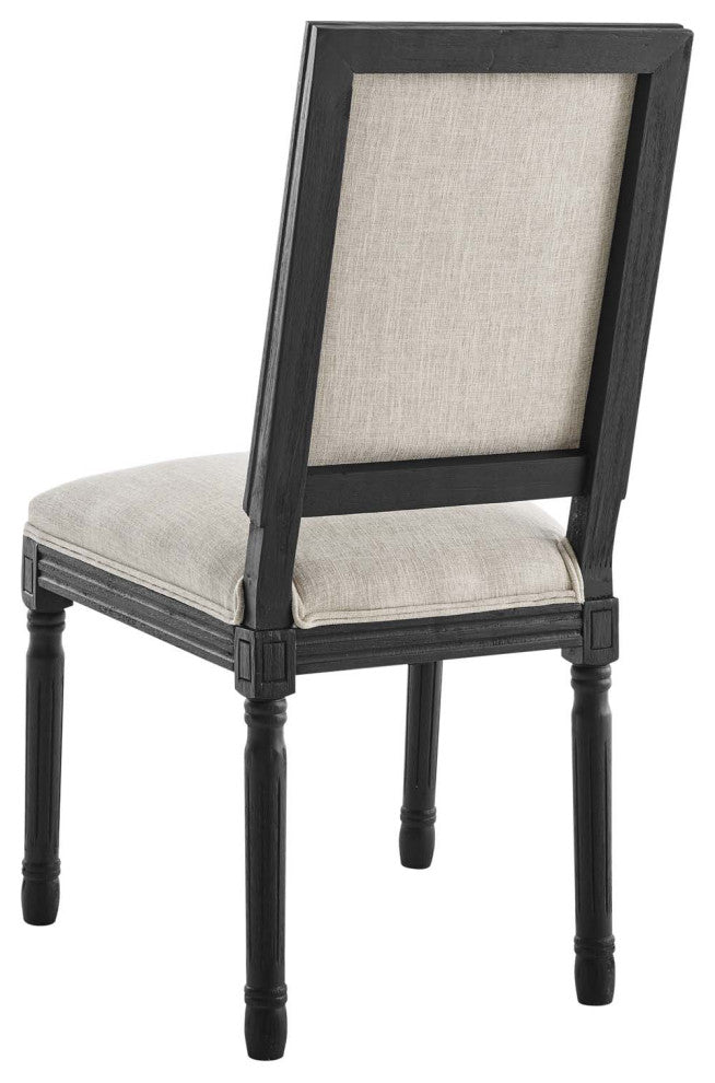 French Vintage Side Dining Chair, Fabric, Wood, Black Beige, Modern, Cafe Bistro