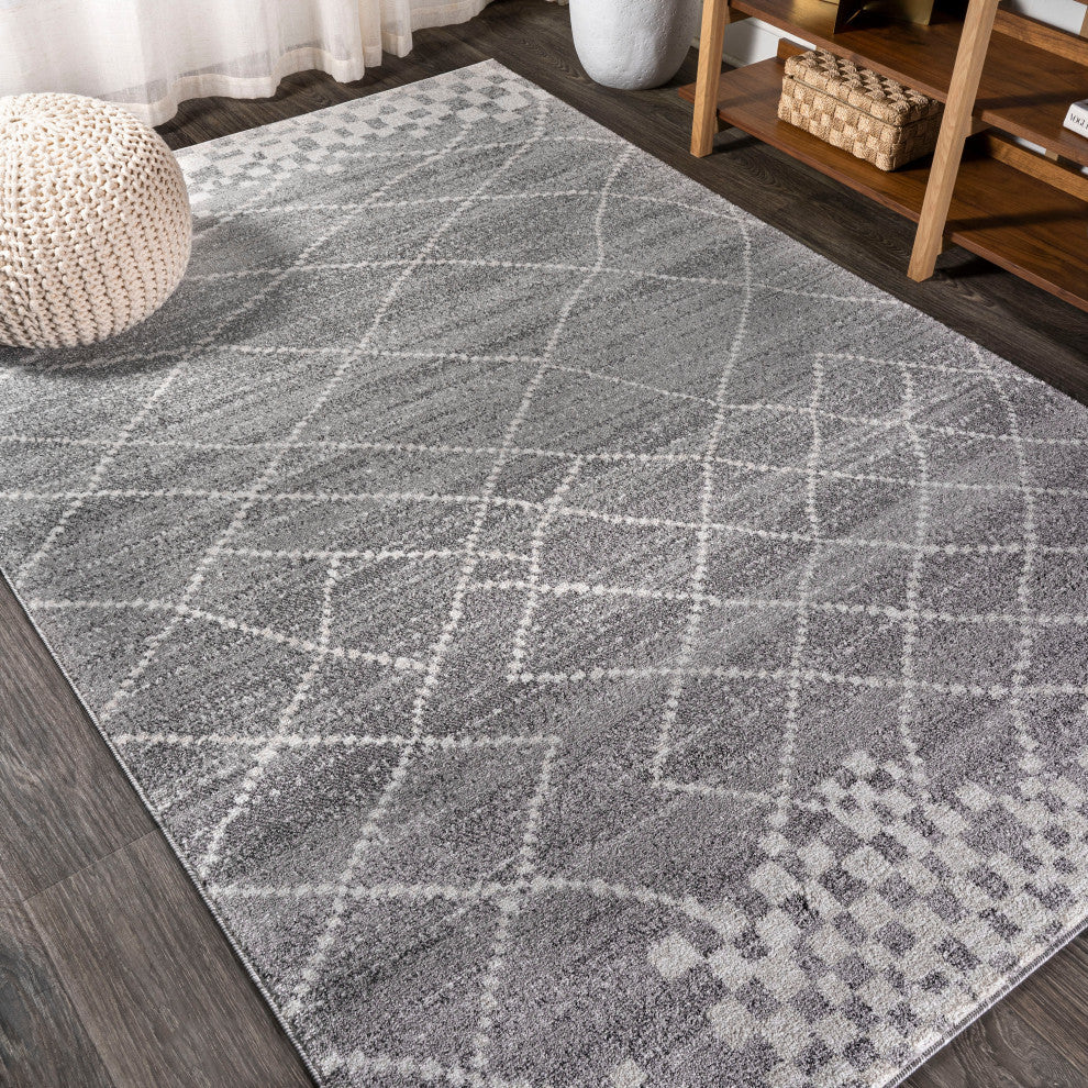 Asilah Moroccan Modern Diamond Runner Rug, Gray, 3'x5'