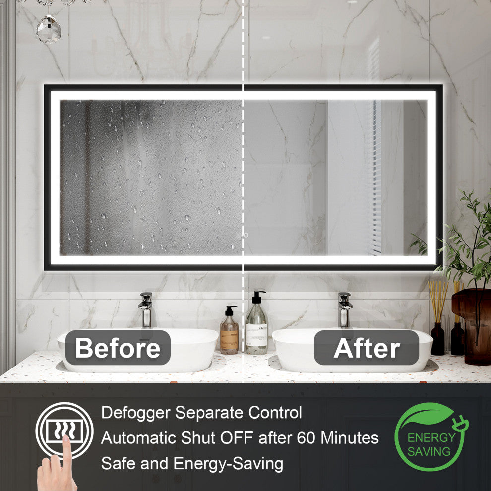 Beveled Bathroom LED Mirror Framed, Backlit and Front Light, Matte Black, 60"x28"