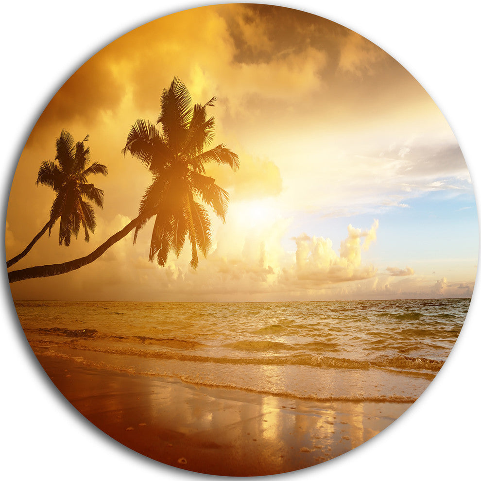 Beautiful Palms At The Caribbean Beach, Seascape Round Artwork, 11"