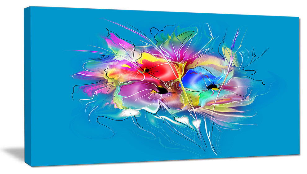 Summer Colorful Flowers on Blue, Extra Large Floral Wall Art, 32"x16"