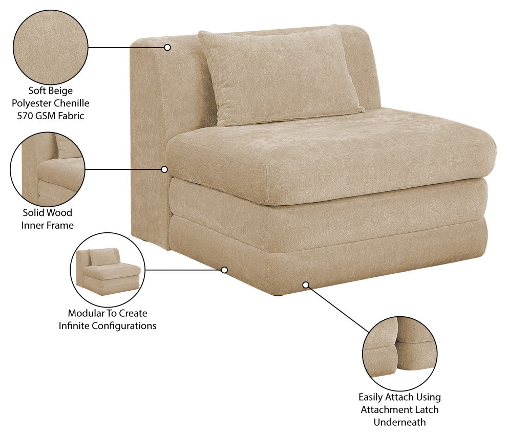 Stellar Upholstered Modular Chair, Beige, Chenille Fabric, Armless Modular Chair