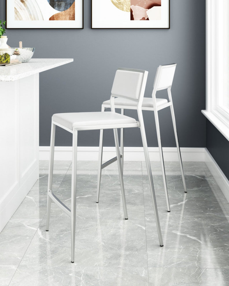 Counter Stool Chair, Set of 2, Faux Vinyl Leather, Steel, White, Silver, Cafe