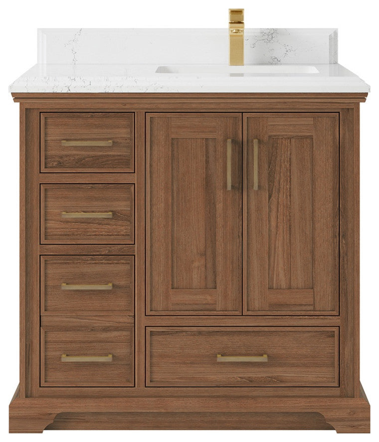 Charlotte Teak 36" Bathroom Vanity Right Offset Dark Natural 1.5" Empira Quartz