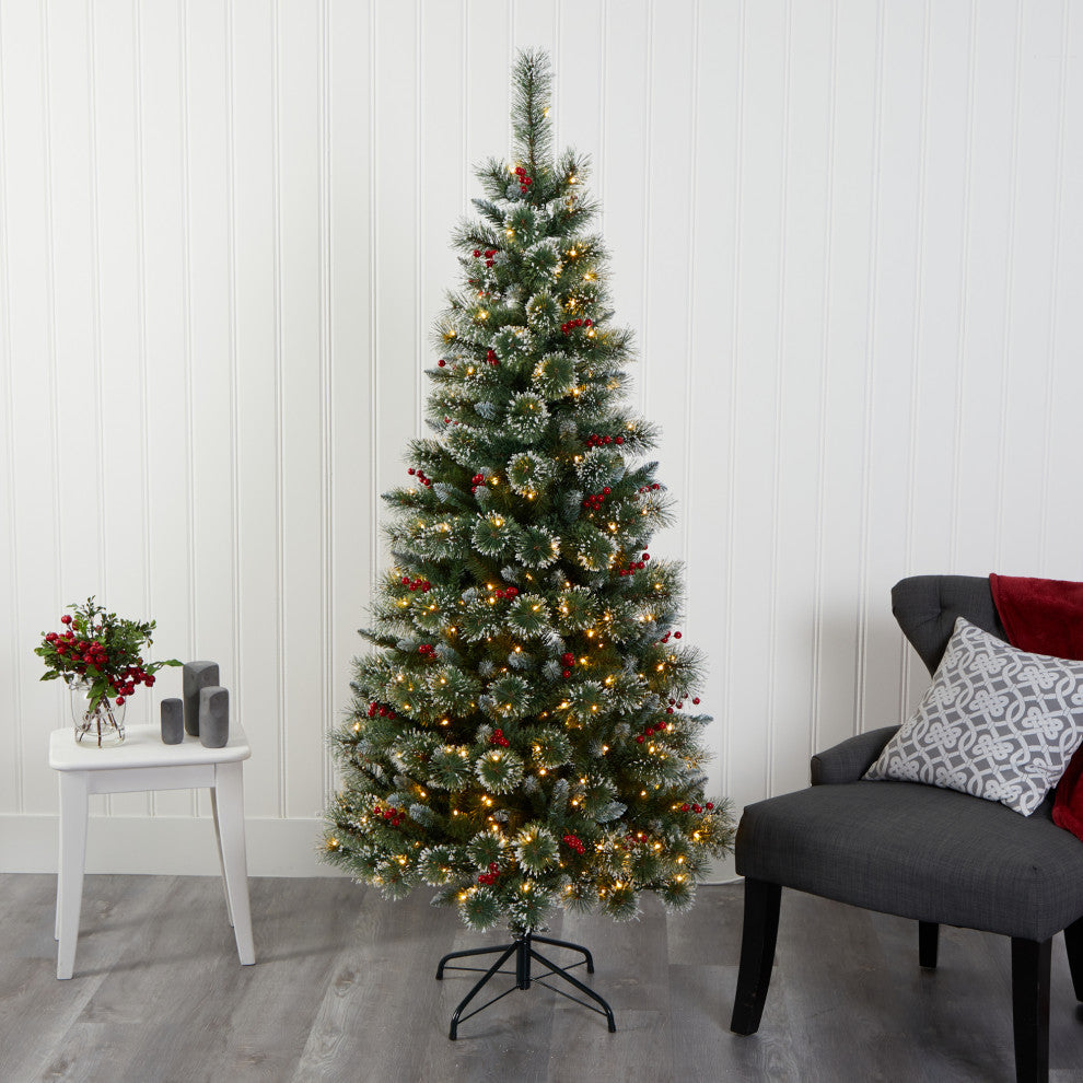 6' Frosted Swiss Pine Faux Christmas Tree With 300 Clear LED Lights and Berries