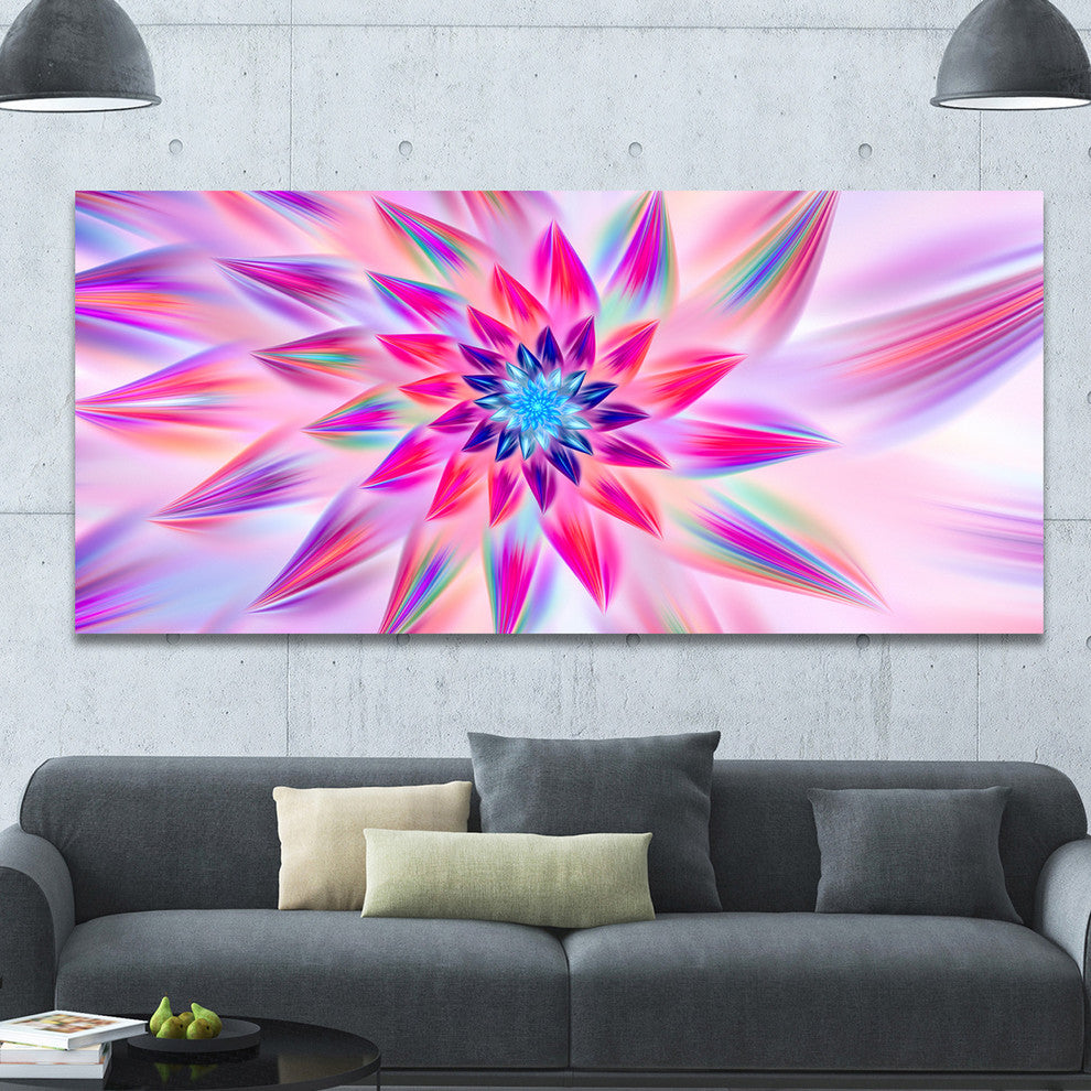 Huge Pink Blue Fractal Flower, Large Floral Canvas Art Print, 60"x28"