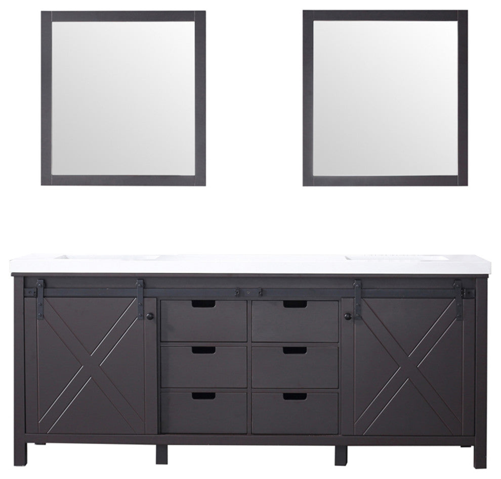 Marsyas 80" Brown Double Vanity Cabinet Quartz Top Sinks, 30" Wall Mirrors